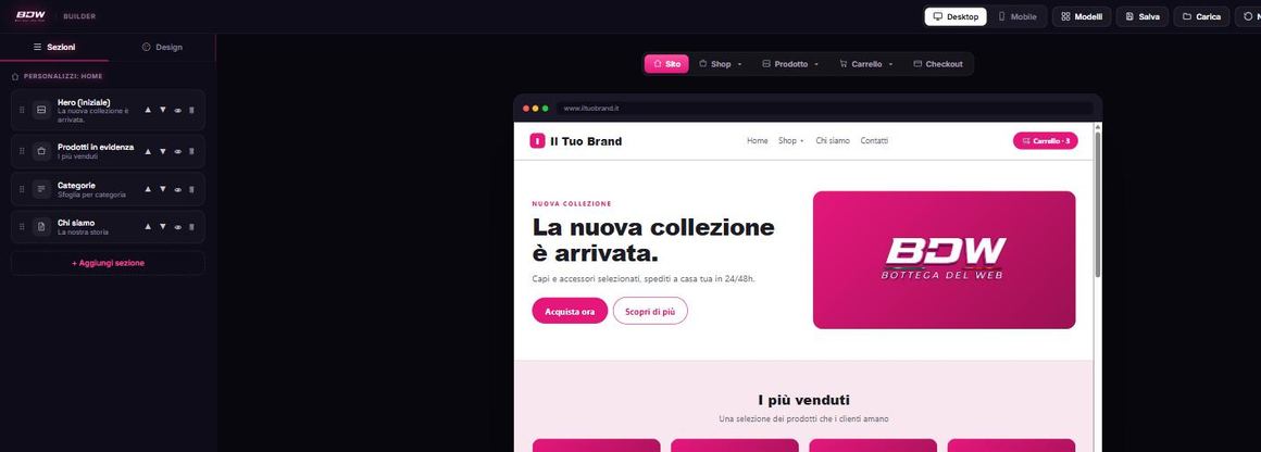 Pannello Sezioni del configuratore con anteprima dello store
