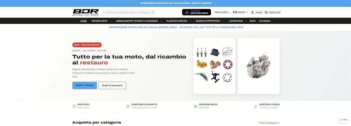 Homepage di Bottega del Rider con il claim “Tutto per la tua moto, dal ricambio al restauro” e il pulsante Aggiungi moto nell’header