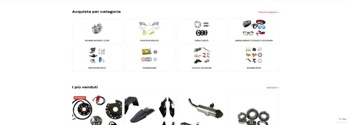 Griglia delle categorie in homepage: ricambi motore e filtri, plastiche replica, freni e ruote, abbigliamento tecnico, protezioni, trasmissione, telaio