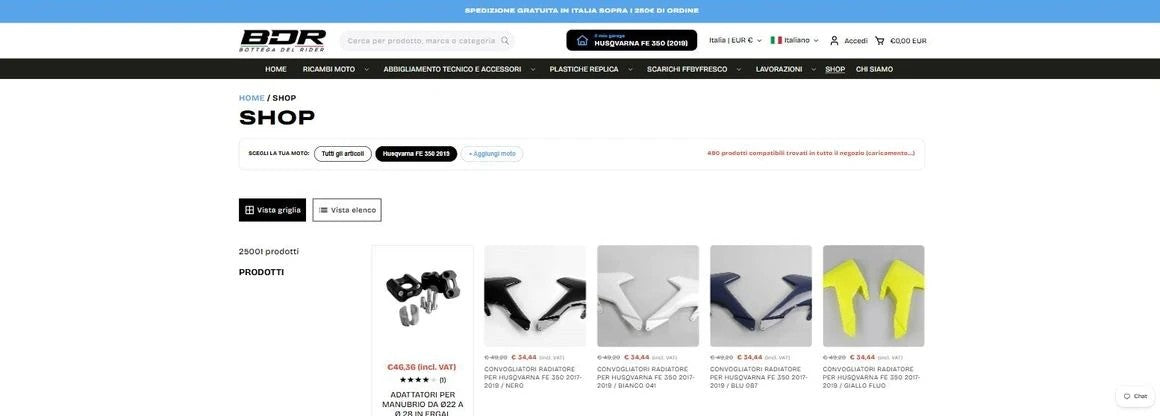 Pagina Shop con la barra “Scegli la tua moto”, il chip Husqvarna FE 350 2019 attivo e l’avviso 490 prodotti compatibili trovati in tutto il negozio