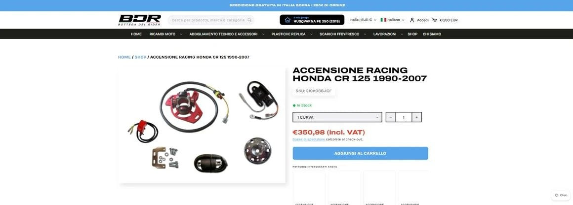 Scheda prodotto dell’accensione racing Honda CR 125 1990-2007 con SKU, stato In Stock, selettore variante, prezzo e pulsante Aggiungi al carrello