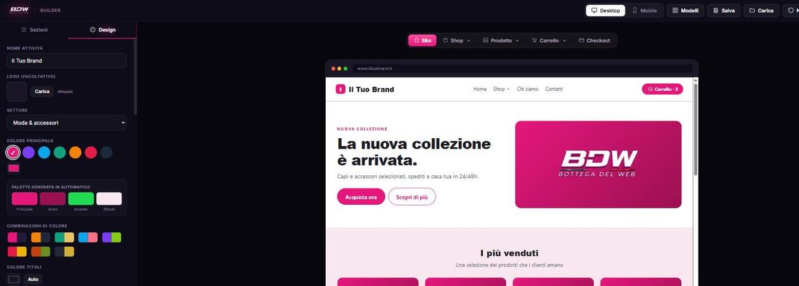 Pannello Design del configuratore con palette generata automaticamente